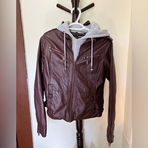 Leather Brown Medium Jacket with removable gray hooded sweater